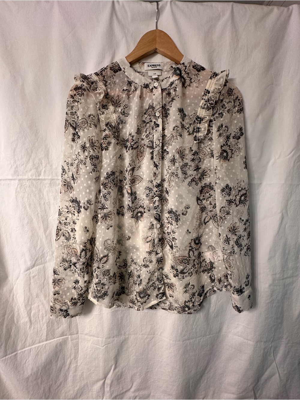 Express Cream and Black Floral Ruffle Blouse